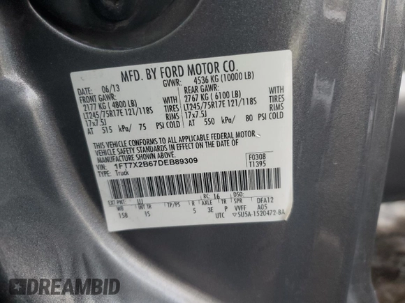 2013 Ford F-250 XL with VIN 1FT7X2B67DEB89309, listed as a Copart auction lot 44760905 with 269,587 mi miles and Salvage Title. Bid and sale history available at DreamBid. Image 12.
