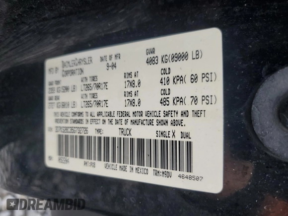 2005 Dodge 2500 SLT z VIN 3D7KS28C35G732726, wystawiony jako Copart lot #86070894 z przebiegiem 152 057 mil mil oraz Szkoda całkowita • Salvage title. Historia ofert i sprzedaży dostępna na DreamBid. Obrazek 12.