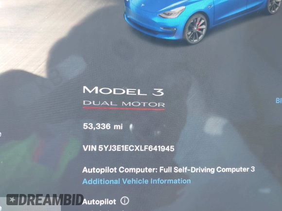 2020 Tesla Model 3 Performance z VIN 5YJ3E1ECXLF641945, wystawiony jako IAAI lot #41337826 z przebiegiem 53 336 mil mil oraz . Historia ofert i sprzedaży dostępna na DreamBid. Obrazek 7.