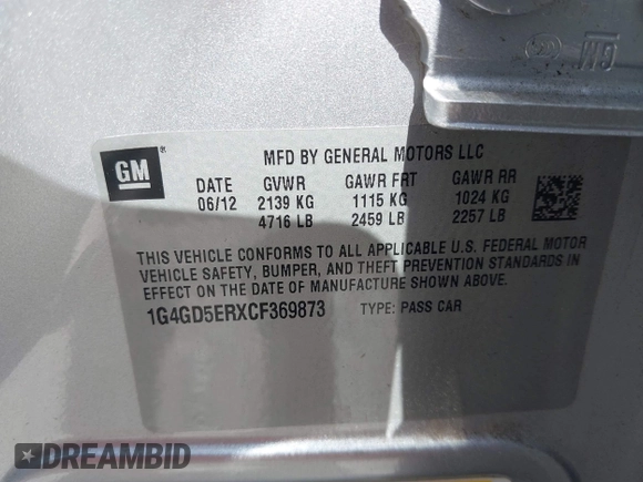 2012 Buick LaCrosse Premium 1 with VIN 1G4GD5ERXCF369873, listed as a IAAI auction lot 42255596 with 39,792 mi miles and . Bid and sale history available at DreamBid. Image 9.