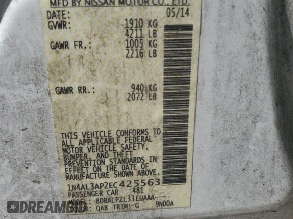 2014 Nissan Altima 2.5 with VIN 1N4AL3AP2EC425563, listed as a Copart auction lot 52542865 with 259,156 mi miles and Salvage Title. Bid and sale history available at carsss.com. Image 14.