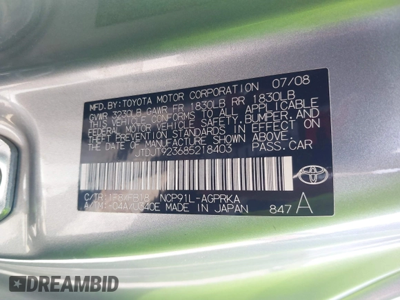 2008 Toyota Yaris с VIN JTDJT923685218403, выставлен на аукционе IAAI как лот 42380433 с пробегом 131 131 миль миль и . История ставок и продаж доступна на DreamBid. Изображение 9.