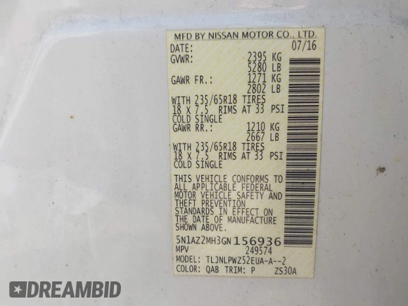 2016 Nissan Murano Platinum с VIN 5N1AZ2MH3GN156936, выставлен на аукционе IAAI как лот 41825527 с пробегом 250 786 миль миль и . История ставок и продаж доступна на DreamBid. Изображение 9.