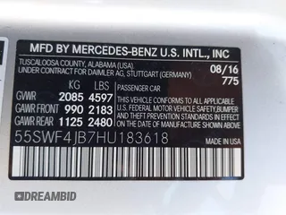 2017 Mercedes-Benz C 300 with VIN 55SWF4JB7HU183618, listed as a IAAI auction lot 42227615 with 72,028 mi miles and . Bid and sale history available at DreamBid. Image 9.