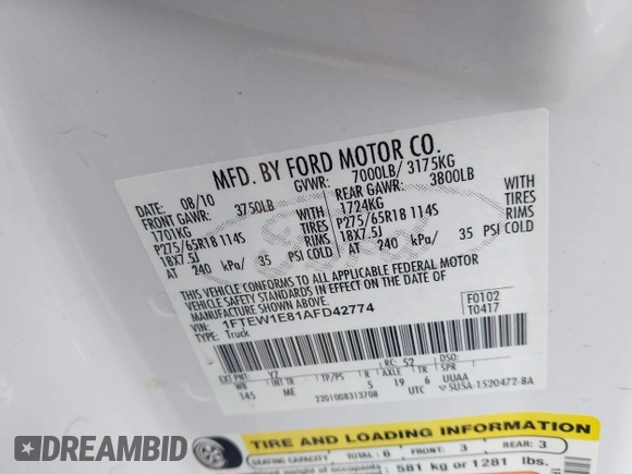 2010 Ford F-150 XL with VIN 1FTEW1E81AFD42774, listed as a IAAI auction lot 42224876 with 77,415 mi miles and . Bid and sale history available at DreamBid. Image 9.