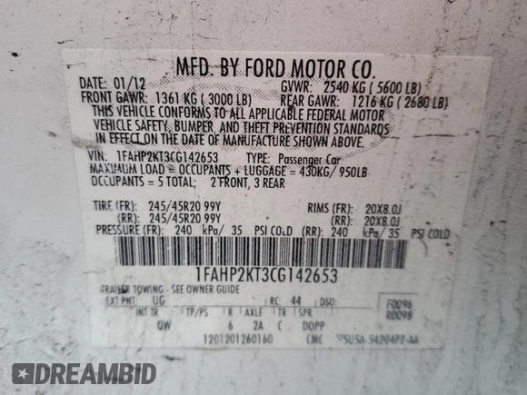 2012 Ford Taurus SHO with VIN 1FAHP2KT3CG142653, listed as a Copart auction lot 85746304 with 152,601 mi miles and Salvage title. Bid and sale history available at DreamBid. Image 15.
