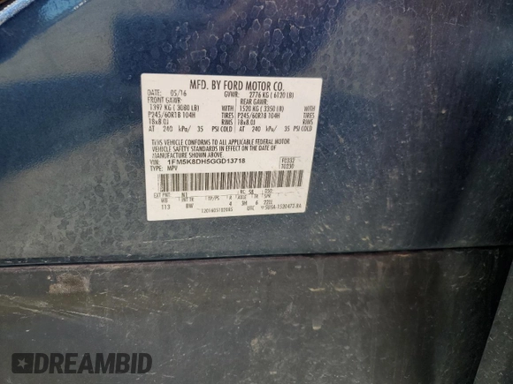 2016 Ford Explorer XLT z VIN 1FM5K8DH5GGD13718, wystawiony jako Copart lot #57239535 z przebiegiem 143 619 mil mil oraz Szkoda całkowita • Salvage title. Historia ofert i sprzedaży dostępna na DreamBid. Obrazek 13.