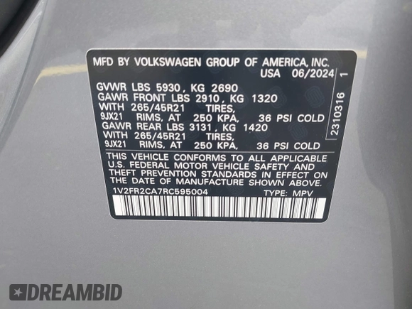 2024 Volkswagen Atlas SEL Premium R-Line with VIN 1V2FR2CA7RC595004, listed as a IAAI auction lot 42425330 with 16,171 mi miles and . Bid and sale history available at DreamBid. Image 9.