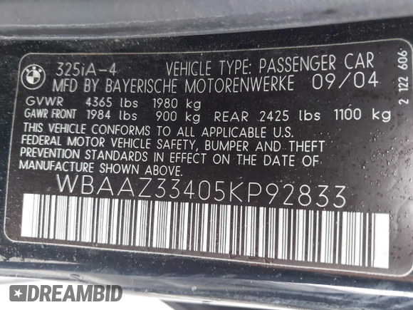 2005 BMW 3 Series 325i with VIN WBAAZ33405KP92833, listed as a IAAI auction lot 42734129 with 123,680 mi miles and . Bid and sale history available at DreamBid. Image 9.