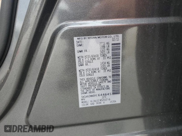 2015 Nissan Pathfinder SV with VIN 5N1AR2MN0FC644645, listed as a Copart auction lot 54416355 with 132,598 mi miles and Clean title. Bid and sale history available at DreamBid. Image 13.