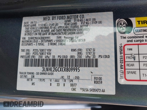 2012 Lincoln MKZ with VIN 3LNHL2GCXCR809995, listed as a IAAI auction lot 41912495 with 85,633 mi miles and . Bid and sale history available at carsss.com. Image 9.