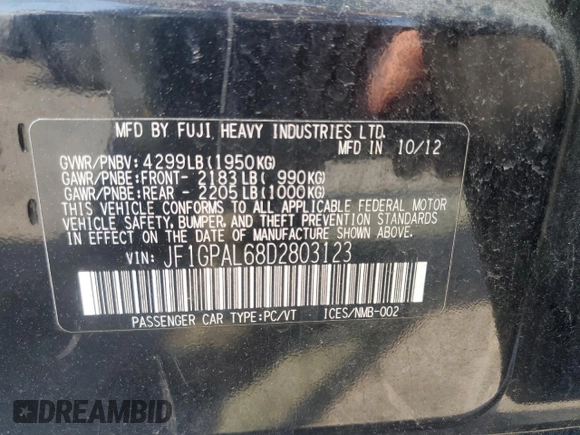 2013 Subaru Impreza Special Sports Premium с VIN JF1GPAL68D2803123, выставлен на аукционе Copart как лот 57774115 с пробегом 121 578 миль миль и Списание • Salvage title. История ставок и продаж доступна на DreamBid. Изображение 13.