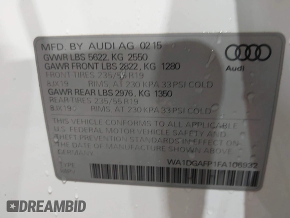 2015 Audi Q5 Premium Plus with VIN WA1DGAFP1FA106932, listed as a IAAI auction lot 41563975 with 108,646 mi miles. Bid and sale history available at carsss.com. Image 9.