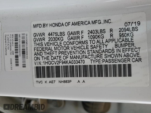 2019 Honda Accord Touring with VIN 1HGCV2F94KA033470, listed as a Copart auction lot 54339055 with 141,331 mi miles and Salvage title. Bid and sale history available at DreamBid. Image 12.