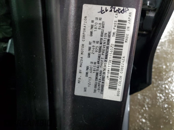 2014 Mazda 3 i SV with VIN JM1BM1T70E1156522, listed as a Copart auction lot 47558425 with 187,009 mi miles and Salvage Title. Bid and sale history available at DreamBid. Image 13.