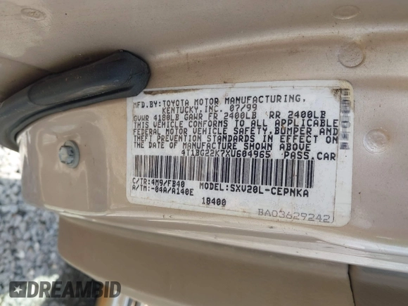 1999 Toyota Camry LE с VIN 4T1BG22K7XU604965, выставлен на аукционе IAAI как лот 42268543 с пробегом 143 719 миль миль и . История ставок и продаж доступна на DreamBid. Изображение 9.