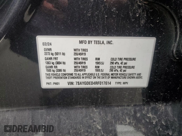 2024 Tesla Model Y with VIN 7SAYGDED4RF017614, listed as a Copart auction lot 45754675 with 11,209 mi miles and Salvage title. Bid and sale history available at DreamBid. Image 14.