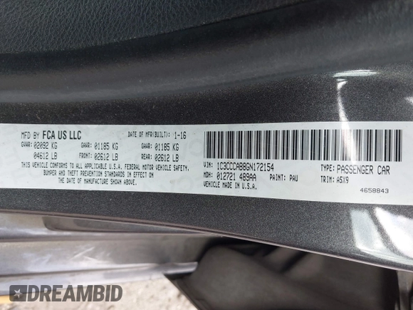 2016 Chrysler 200 Limited with VIN 1C3CCCAB8GN172154, listed as a IAAI auction lot 41591502 with 150,911 mi miles. Bid and sale history available at carsss.com. Image 9.