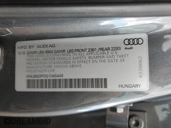 2016 Audi A3 2.0T Premium with VIN WAUB8GFF0G1046449, listed as a Copart auction lot 44063585 with 89,308 mi miles and Salvage Title. Bid and sale history available at carsss.com. Image 12.