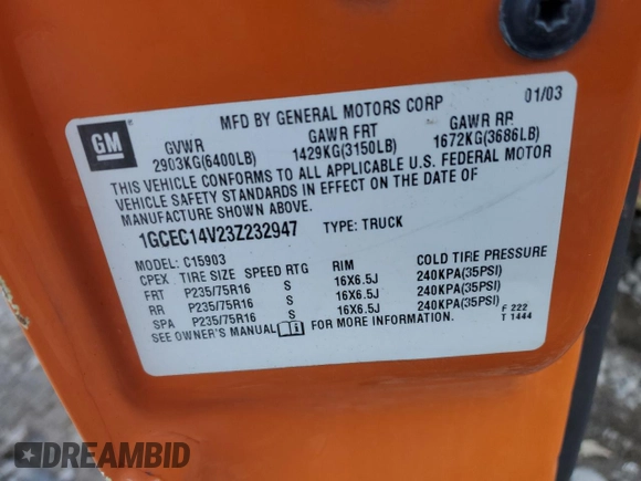 2003 Chevrolet Silverado 1500 with VIN 1GCEC14V23Z232947, listed as a Copart auction lot 76527364 with Not Provided miles and Non Repairable. Bid and sale history available at DreamBid. Image 12.