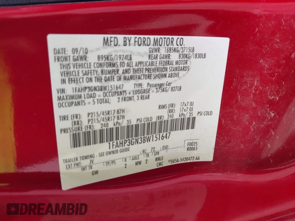 2011 Ford Focus SES with VIN 1FAHP3GN3BW151647, listed as a IAAI auction lot 42204078 with 140,249 mi miles and . Bid and sale history available at DreamBid. Image 9.