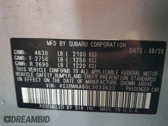 2020 Subaru Legacy с VIN 4S3BWAA60L3033633, выставлен на аукционе Copart как лот 60270365 с пробегом 97 925 миль миль и Списание • Salvage title. История ставок и продаж доступна на DreamBid. Изображение 12.