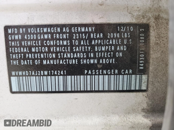 2011 Volkswagen GTI PZEV z VIN WVWHD7AJ2BW174241, wystawiony jako Copart lot #56940305 z przebiegiem 112 705 mil mil oraz Szkoda całkowita • Salvage title. Historia ofert i sprzedaży dostępna na DreamBid. Obrazek 12.