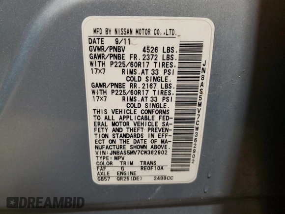 2012 Nissan Rogue S with VIN JN8AS5MV7CW362902, listed as a Copart auction lot 58706805 with 143,988 mi miles and Clean title. Bid and sale history available at DreamBid. Image 12.