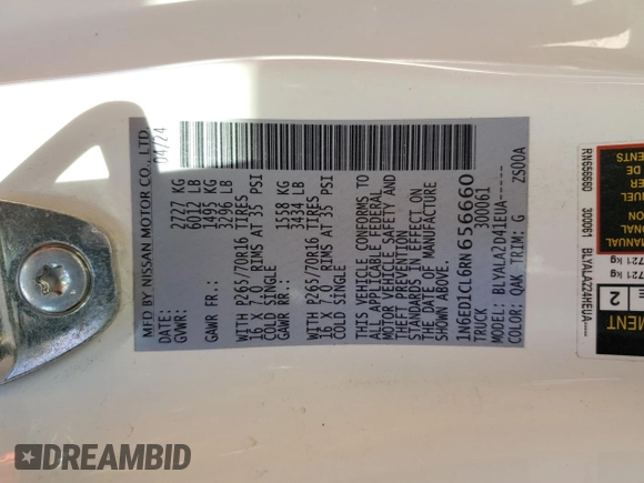 2024 Nissan Frontier S with VIN 1N6ED1CL6RN656660, listed as a Copart auction lot 49865365 with 26,140 mi miles and Salvage title. Bid and sale history available at DreamBid. Image 12.