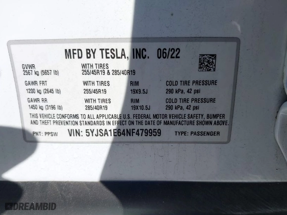 2022 Tesla Model S Plaid with VIN 5YJSA1E64NF479959, listed as a IAAI auction lot 41057673 with 27,203 mi miles. Bid and sale history available at carsss.com. Image 8.