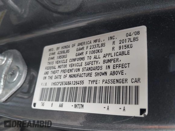 2008 Honda Accord LX z VIN 1HGCP26348A126455, wystawiony jako IAAI lot #42177010 z przebiegiem 202 072 mil mil oraz . Historia ofert i sprzedaży dostępna na DreamBid. Obrazek 9.