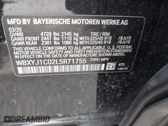 2020 BMW X2 xDrive28i with VIN WBXYJ1C02L5R71755, listed as a IAAI auction lot 41957012 with 69,997 mi miles. Bid and sale history available at carsss.com. Image 9.