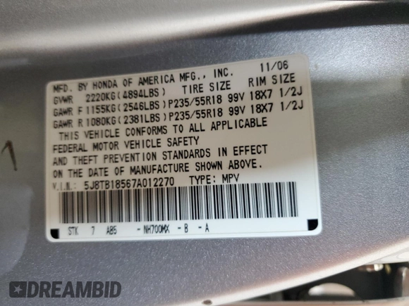 2007 Acura RDX Technology with VIN 5J8TB18567A012270, listed as a Copart auction lot 72528654 with 185,508 mi miles and Clean Title. Bid and sale history available at DreamBid. Image 13.