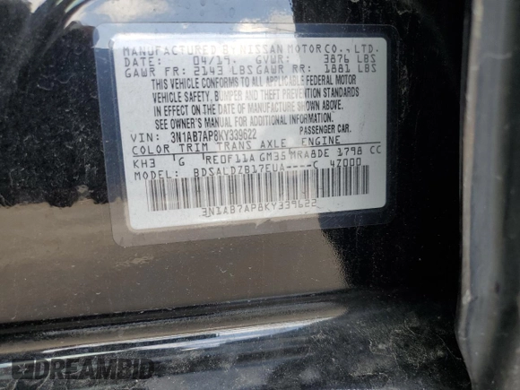 2019 Nissan Sentra SV z VIN 3N1AB7AP8KY339622, wystawiony jako Copart lot #52607015 z przebiegiem 96 923 mil mil oraz Nie do naprawy • Non repairable. Historia ofert i sprzedaży dostępna na DreamBid. Obrazek 12.
