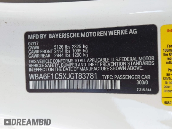 2018 BMW 6 Series 640i with VIN WBA6F1C5XJGT83781, listed as a IAAI auction lot 41945616 with 46,370 mi miles and . Bid and sale history available at carsss.com. Image 9.