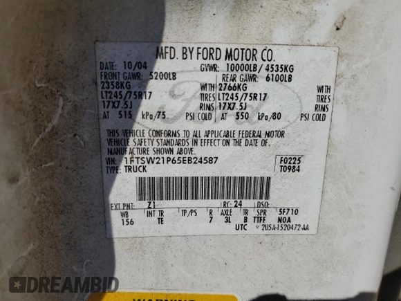 2005 Ford F-250 XL с VIN 1FTSW21P65EB24587, выставлен на аукционе Copart как лот 56990005 с пробегом 201 930 миль миль и Чистый • Clean title. История ставок и продаж доступна на DreamBid. Изображение 12.
