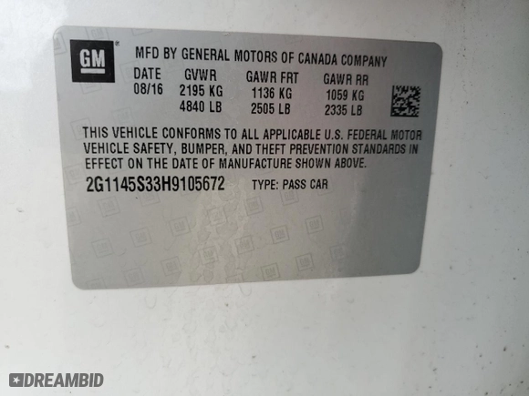 2017 Chevrolet Impala Premier with VIN 2G1145S33H9105672, listed as a Copart auction lot 49531855 with 94,251 mi miles and Salvage Title. Bid and sale history available at carsss.com. Image 12.