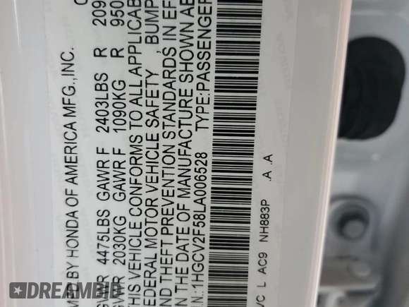 2020 Honda Accord EX-L with VIN 1HGCV2F58LA006528, listed as a Copart auction lot 86765784 with 62,173 mi miles and Salvage title. Bid and sale history available at DreamBid. Image 12.