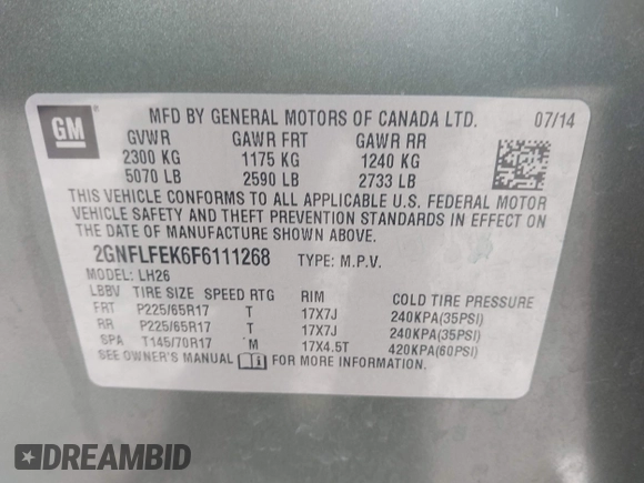 2015 Chevrolet Equinox LT with VIN 2GNFLFEK6F6111268, listed as a IAAI auction lot 42158032 with 129,149 mi miles and . Bid and sale history available at DreamBid. Image 9.