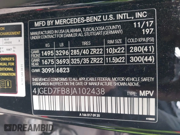 2018 Mercedes-Benz GLE 63 S AMG with VIN 4JGED7FB8JA102438, listed as a IAAI auction lot 41759970 with 103,226 mi miles and . Bid and sale history available at DreamBid. Image 9.