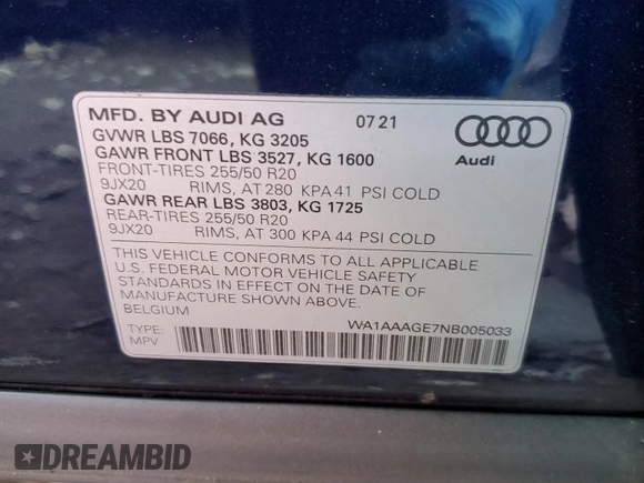 2022 Audi e-tron Premium with VIN WA1AAAGE7NB005033, listed as a Copart auction lot 83364684 with 62,878 mi miles and Salvage Title. Bid and sale history available at DreamBid. Image 13.
