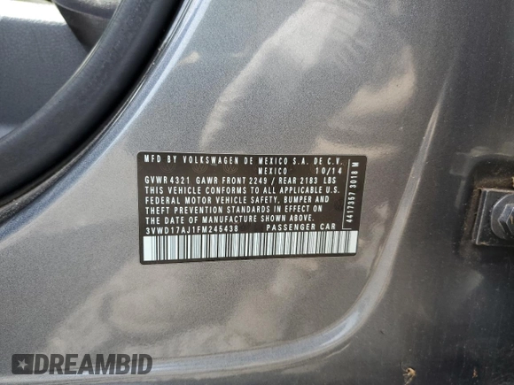 2015 Volkswagen Jetta SE с VIN 3VWD17AJ1FM245438, выставлен на аукционе Copart как лот 58515485 с пробегом 117 796 миль миль и Списание • Salvage title. История ставок и продаж доступна на DreamBid. Изображение 12.