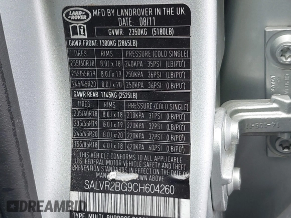 2012 Land Rover Range Rover Evoque Pure Premium с VIN SALVR2BG9CH604260, выставлен на аукционе IAAI как лот 42472002 с пробегом 120 769 миль миль и . История ставок и продаж доступна на DreamBid. Изображение 9.