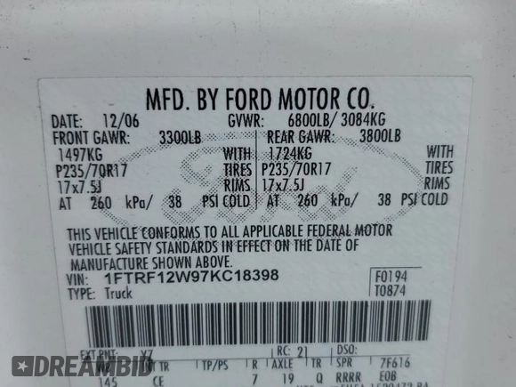 2007 Ford F-150 XL with VIN 1FTRF12W97KC18398, listed as a Copart auction lot 54759555 with 320,783 mi miles and Salvage title. Bid and sale history available at DreamBid. Image 12.