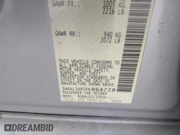 2015 Nissan Altima 2.5 S with VIN 1N4AL3AP3FN864728, listed as a IAAI auction lot 41851923 with 78,840 mi miles. Bid and sale history available at carsss.com. Image 9.