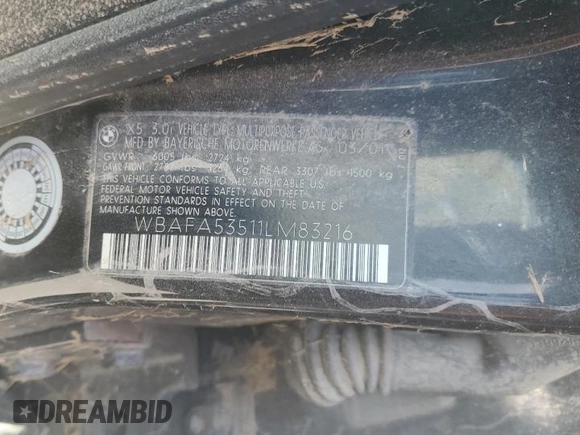 2001 BMW X5 3.0i with VIN WBAFA53511LM83216, listed as a Copart auction lot 69179654 with 0 mi miles and Salvage Title. Bid and sale history available at carsss.com. Image 13.