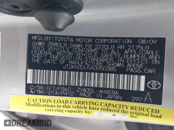 2010 Toyota Prius II with VIN JTDKN3DU5A0050385, listed as a IAAI auction lot 41442576 with 107,717 mi miles. Bid and sale history available at carsss.com. Image 9.