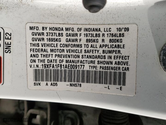 2010 Honda Civic Sdn EX with VIN 19XFA1F81AE009177, listed as a Copart auction lot 46409245 with 186,234 mi miles and Salvage Title. Bid and sale history available at carsss.com. Image 14.