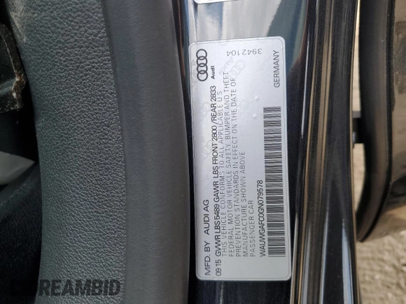 2016 Audi A7 Premium Plus with VIN WAUWGAFC0GN079578, listed as a Copart auction lot 56789055 with Not provided miles and Salvage title. Bid and sale history available at DreamBid. Image 12.