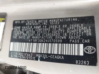 2004 Toyota Camry LE with VIN 4T1BF30K24U570599, listed as a IAAI auction lot 42107715 with 324,191 mi miles and . Bid and sale history available at DreamBid. Image 9.